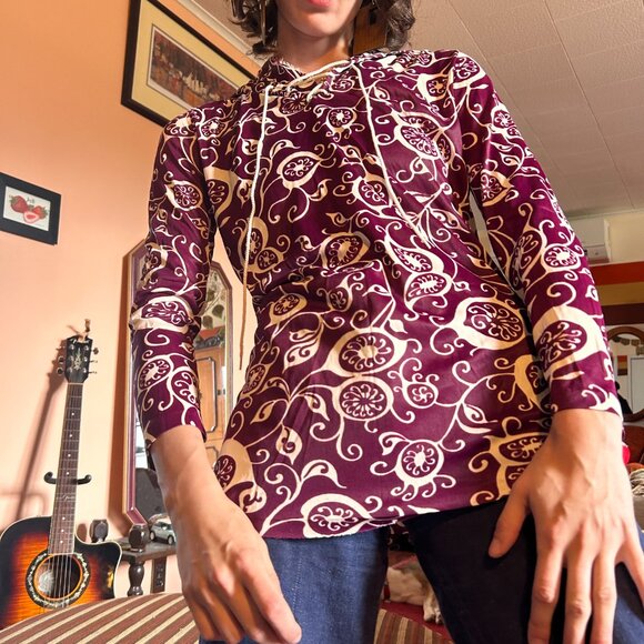 1970s vintage swirl print hooded tunic with bellsleeves from June Gale - made in - Picture 1 of 16